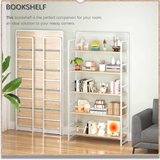 4NM No Assembly Extra Wide 5 Tiers Folding Bookshelf Storage Shelves Vintage Bookcase Standing Racks Study Organizer Home Office (Natural White)