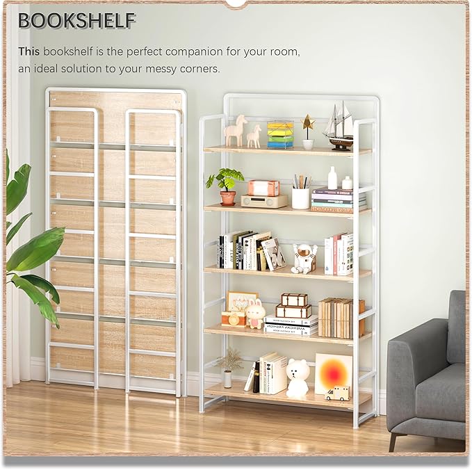 4NM No Assembly Extra Wide 5 Tiers Folding Bookshelf Storage Shelves Vintage Bookcase Standing Racks Study Organizer Home Office (Natural White)