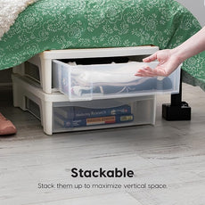 IRIS USA 22 Qt Under Bed Storage, Stackable Organizer Bin Plastic Container with Sliding Drawer, 2 Pack, Multi-Purpose for Clothes, Shoes, Bedding, White