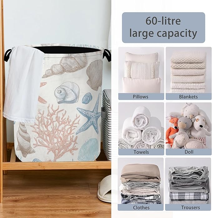 Starfish Laundry Hamper,Shell Coral Dirty Clothes Laundry Basket with Handles Waterproof Oxford Cloth Storage Basket for College Dorms Bathroom Bedroom 16" x 20.8"