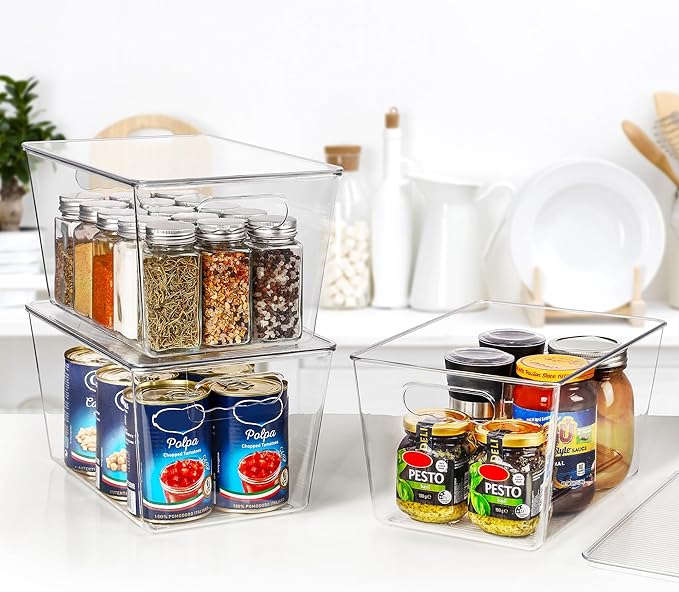 Vtopmart 12 Pack Clear Stackable Storage Bins with Lids, Large Plastic Containers with Handle for Pantry Organizer and Storage,Perfect for Bathroom,Cabinet,Kitchen,Fridge,Closet Organization