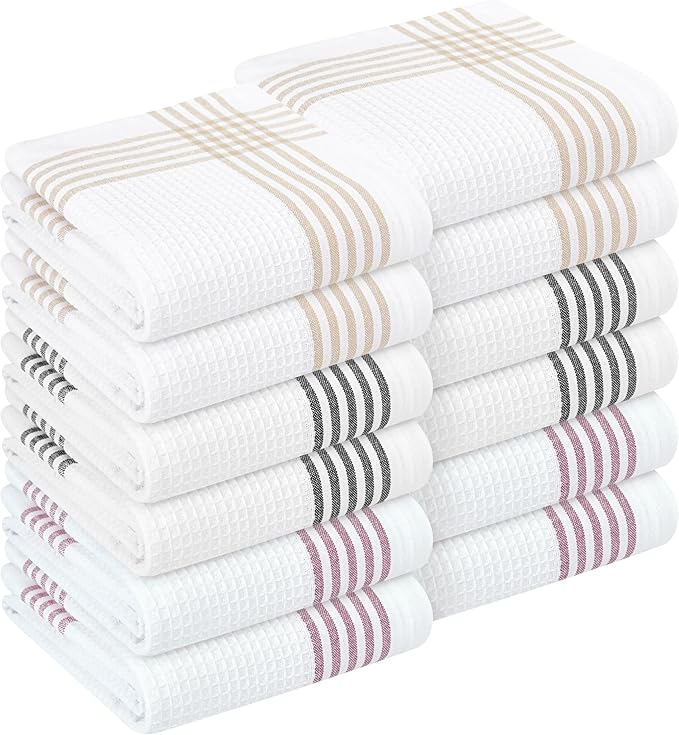 Multi White Kitchen Towels 12 Pack, 16x26 Inch, 100% Cotton Waffle Weave, Super Absorbent, Quick Dry, Reusable Dish Towels for Cleaning, Drying, Cooking, Beige, Black, Burgundy Wine