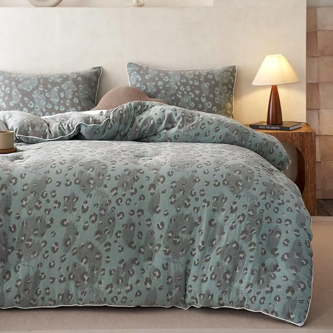 MKXI Double Layer Muslin Cotton Comforter Set Queen Size Leopard Print Shabby Chic Bedding Comforter Set Soft Breathable Grey and Green Floral Animal Cheetah Lightweight Bed Comforter for All Season