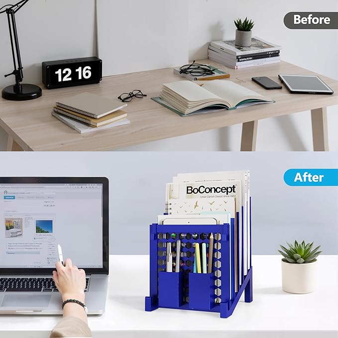 File Organizer for Desk with Storage Box & Hook, Inclined Desk File Organizer with 5-Section Vertical File Holder suitable for Home Office Document Organization