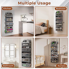 3 Packs 5-Tier Over the Door Storage Organizer with 10 Side Mesh Pockets, 48 lbs Load Capacity, 3 Hooks Design, Hanging Organizer with Clear Windows for Bathroom, Bedroom, Nursery, Kitchen-Grey