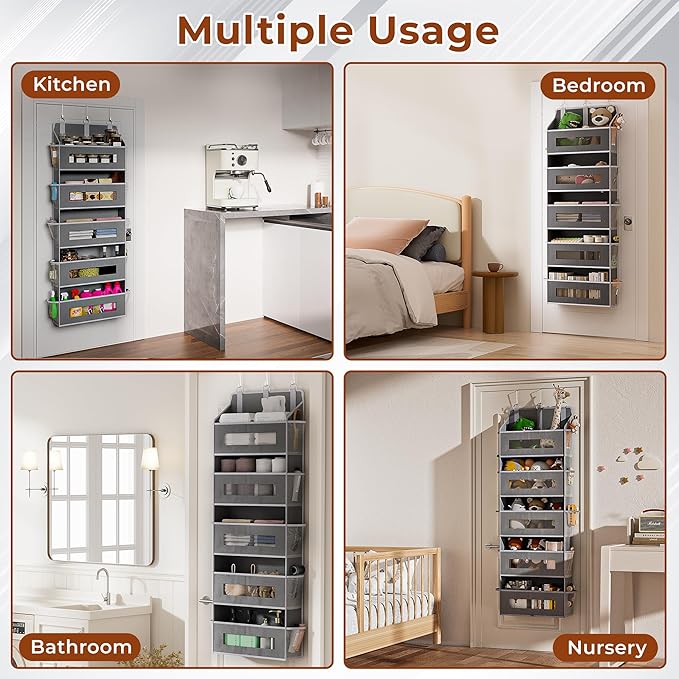 3 Packs 5-Tier Over the Door Storage Organizer with 10 Side Mesh Pockets, 48 lbs Load Capacity, 3 Hooks Design, Hanging Organizer with Clear Windows for Bathroom, Bedroom, Nursery, Kitchen-Grey