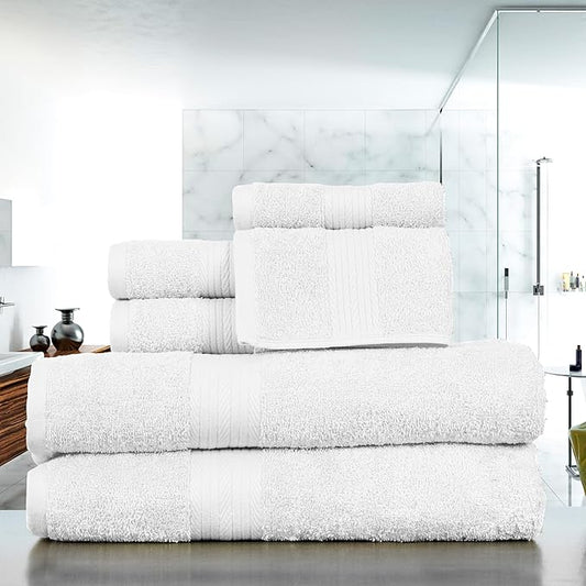 Ample Decor Bathroom Towel Set of 6-2 Hand Towel, 2 Bath Towel, 2 Wash Cloths - 600 GSM 100% Cotton - White