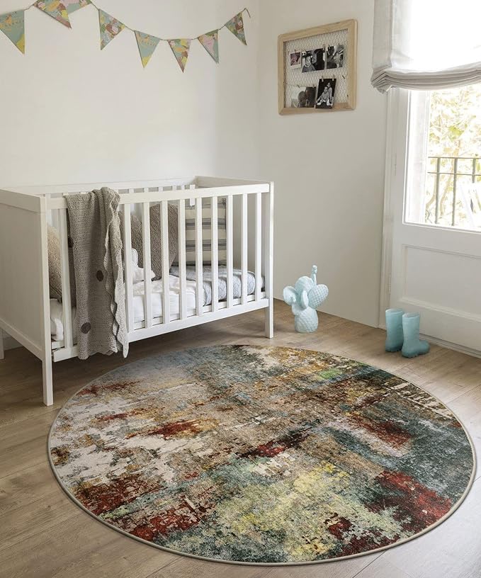 Lahome Modern Abstract Round Rug 4Ft - Washable 4x4 Circle Rugs for Living Room Bedroom Bathroom Non Slip, Soft Indoor Floor Carpet for Kitchen Entryway Family Room, Red/Multi