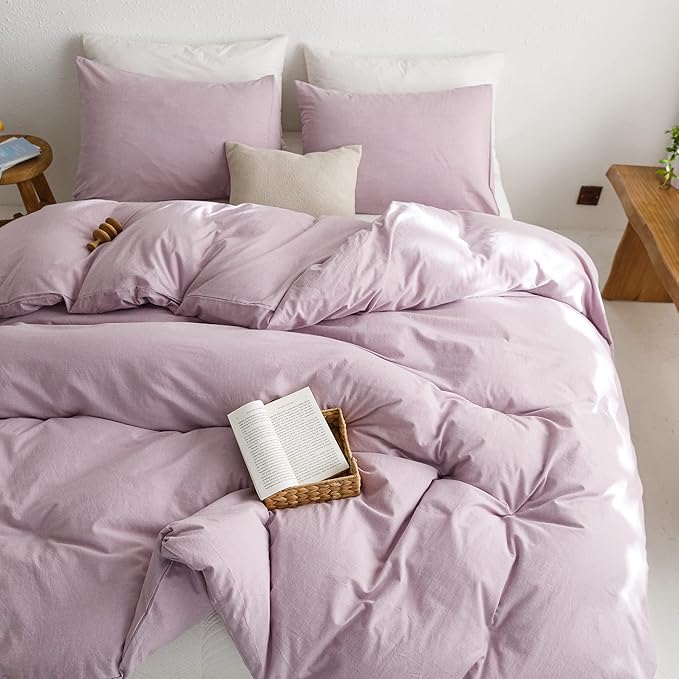 ECOCOTT Light Purple Duvet Cover Queen Size - 100% Washed Cotton Durable Soft Comfy Duvet Cover Set, 3 Pieces Duvet Cover with Zipper Closure (Light Purple, 90''x90'')