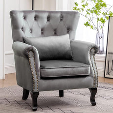 Set of 2 Mid-Century Modern Accent Chair, Velvet Armchair w/Tufted Back/Wood Legs, Upholstered Lounge Arm Chair Single Sofa for Living Room Bedroom, Grey