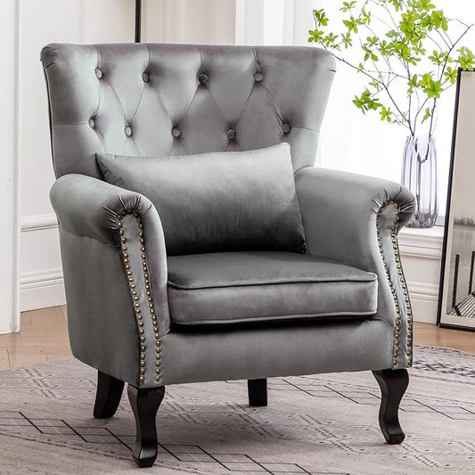 Set of 2 Mid-Century Modern Accent Chair, Velvet Armchair w/Tufted Back/Wood Legs, Upholstered Lounge Arm Chair Single Sofa for Living Room Bedroom, Grey