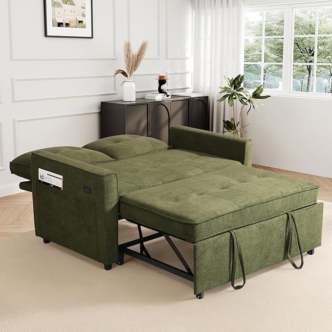 EJUNQ Pull Out Couch, Convertible Sofa Bed with USB and Reclining Backrest, Modern 3 in 1 Sleeper Sofa Couch Bed with Side Pockets, Comfortable Loveseat Sleeper for Small Spaces.(Green)