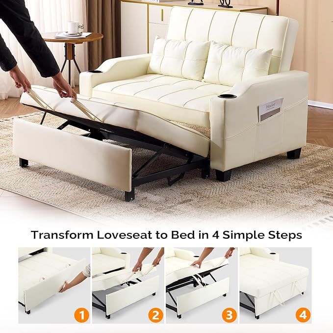 VINGLI Beige Loveseat Sleeper Sofa, Convertible Futon Sofa Bed Faux Leather Pullout Couch Bed with USB Ports, Cup Holders, Armrest for Living Room, Bedroom, Home Office Apartment