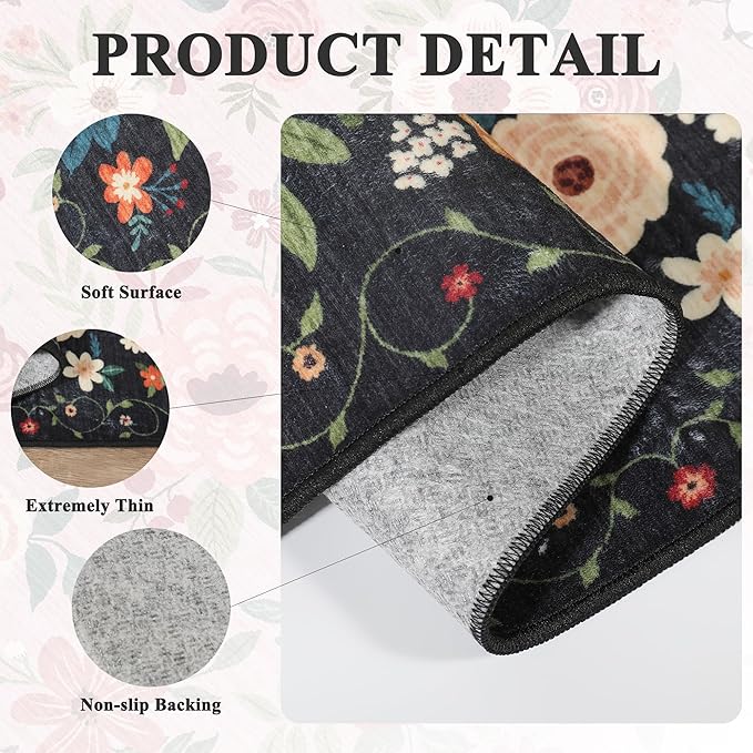 DUKINO 4x6 Feet Office Chair Mat, Lightweight Non Slip Washable Floral Area Rug, Indoor Low Pile & Non-Shedding Boho Design Rugs for Bedroom, Living Room, Dining Room, Black