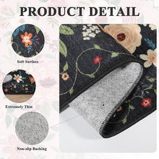 DUKINO 2x4 Rug for Entryway, Washable Kitchen Floral Runner Rug with Non Slip Backing, Low Pile Soft Boho Carpet for Kitchen, Hallway, Entryway, Laundry, Bedroom, Black