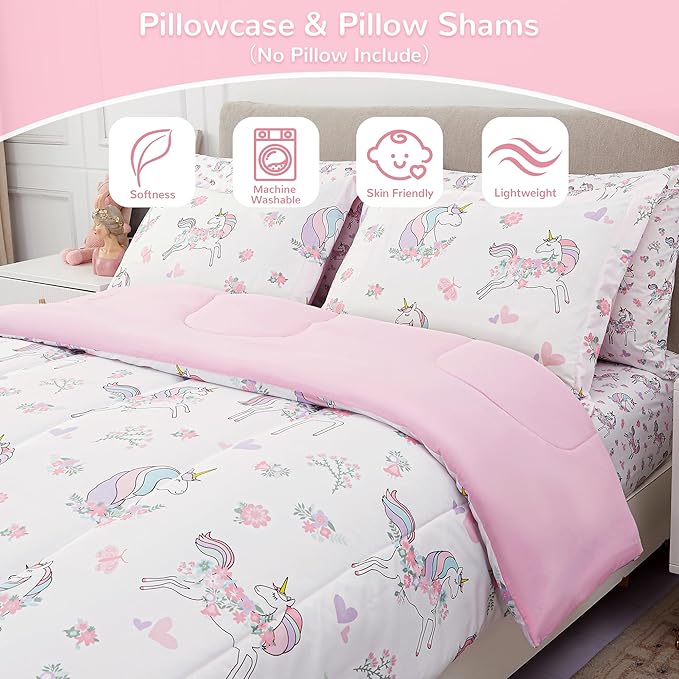 Viviland Kids Full Bedding Sets for Girls, Soft Full Comforter Set with Sheets, 7 Pieces Microfiber Bed in a Bag, White Unicorn