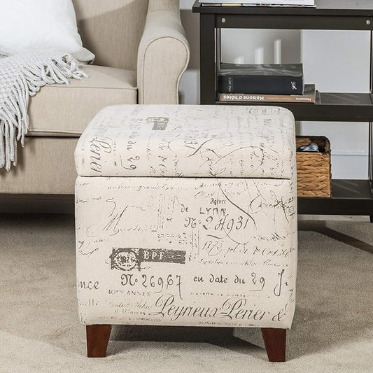 Adeco Fabric Script Pattern Cube Storage Footstool, Hinged Lid, Solid Wood Legs, 18" Height Ottomans & Storage Ottomans, Cream White
