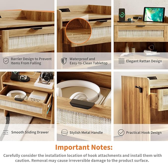 Rattan Nightstand, Bedside Table with Type-C Charging Station - 1 Storage Drawer & Open Storage Space, Boho End Table Side Table for Bedroom Office, Large Night Stand with Charging Port