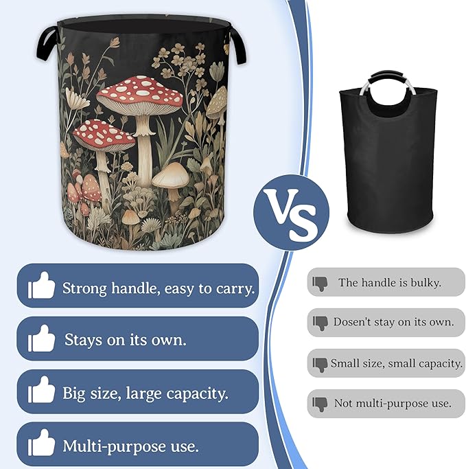 Red Mushrooms Laundry Basket,Foldable Waterproof Oxford Cloth Tote Bag Wildflower Plant Berries Laundry Hamper with Handles,20.8"x16" Clothes Storage Bucket Organizer for Laundry Room Bathroom Bedroom