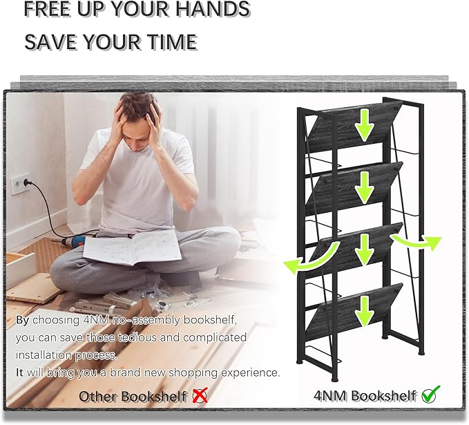 4NM No Assembly Folding Bookshelf Storage Shelves 4 Tiers Vintage Bookcase Standing Racks Study Organizer Home Office (Gray Black)