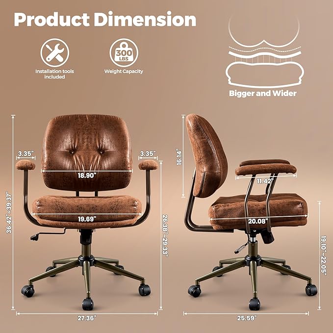 ovios Ergonomic Office Chair, Mid Back Faux Leather Executive Chairs with Thick Cushion, Comfy Mid-Century Modern Swivel Rolling Computer Armchair (Dark Brown, Suede Leather)