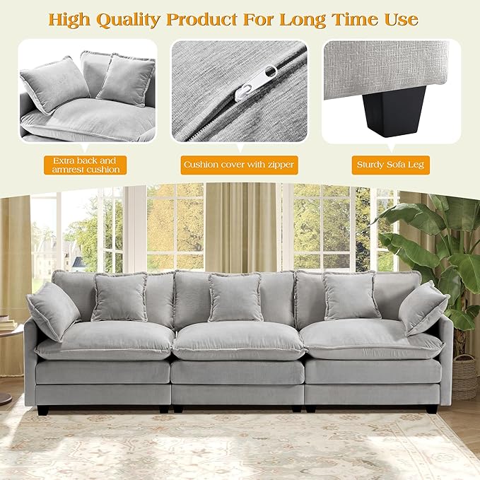 113.4" Modular Sectional Sofa,Cloud Couch for Living Room, Modern Deep Seat Sofa 3 Seater Chenille Fabric Comfy Couches with Throw Pillows for Apartment