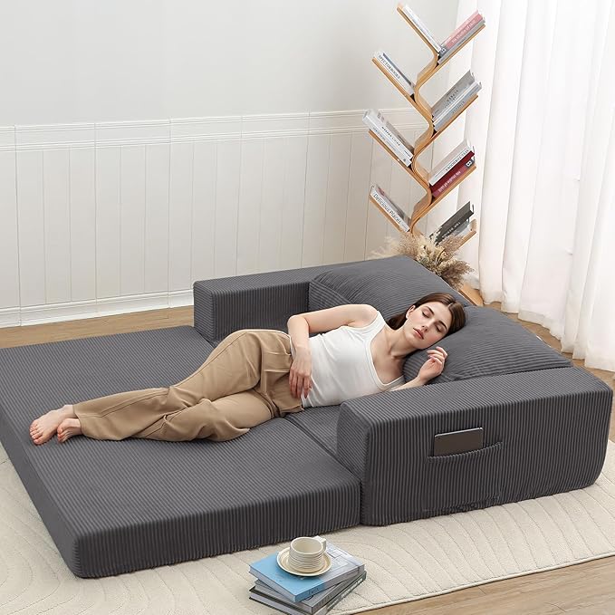 COMAX Convertible Sofa Bed Queen, Folding Fold Out Couch Bed, Floor Futon Couch Corduroy with Back Pillows, Boneless Sofa Comfy Lounge Sleeper Mattress Loveseat for Living Room Bedroom, Grey
