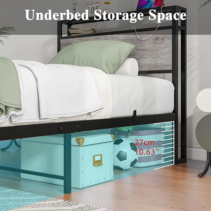 HOJINLINERO Twin Bed Frame with Storage Headboard and Charging Station, Twin Size, Heavy Duty Metal Slats, No Box Spring Needed, Dark Grey