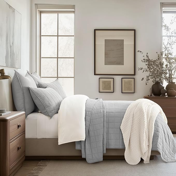 EVERGRACEHOME 100% Cotton Box Stitch Quilt Bedding Set Queen Size 3 Pieces, Garment-Washed Lightweight Soft Cozy Coverlet, Quilted Bedspread Sets with 2 Shams for All Season, Fog Gray