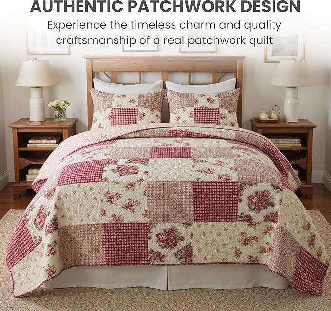 SLPR Country Roses Patchwork Cotton Pieced Quilt Set - Twin Size with 1 Sham, French Country Style Floral Bedding, Red Rose Farmhouse Quilted Bedspread with Flower Pattern
