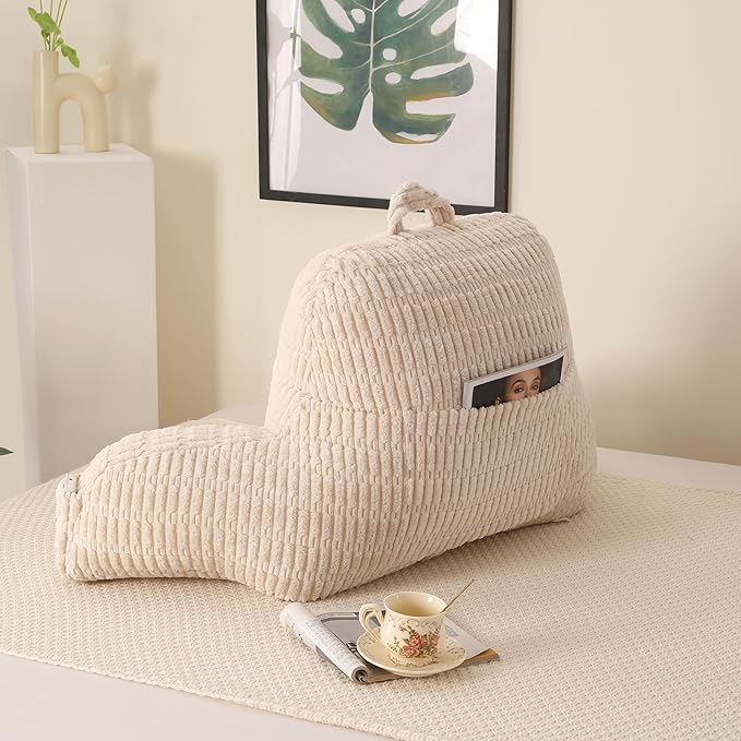 Reading Pillow for Sitting in Bed, Large Backrest Reading Pillow with Arm Rest,Back-Rest Support Cushion for Sit Up on Couch, Sofa, and Floor, Dorm Essentials (Cream Corduroy, Large(19"))