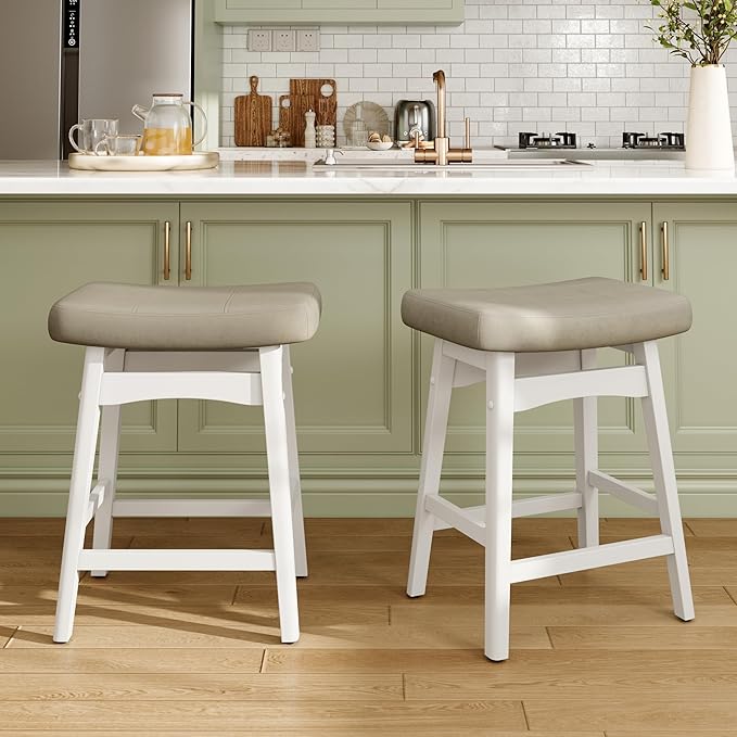 MAISON ARTS Beige Counter Height Bar Stools Set of 4 for Kitchen Counter Solid Wood Legs with Faux Leather Saddle Seat Farmhouse Barstools for 34"-38" Counter Island Upholstered Stools, 24in Height