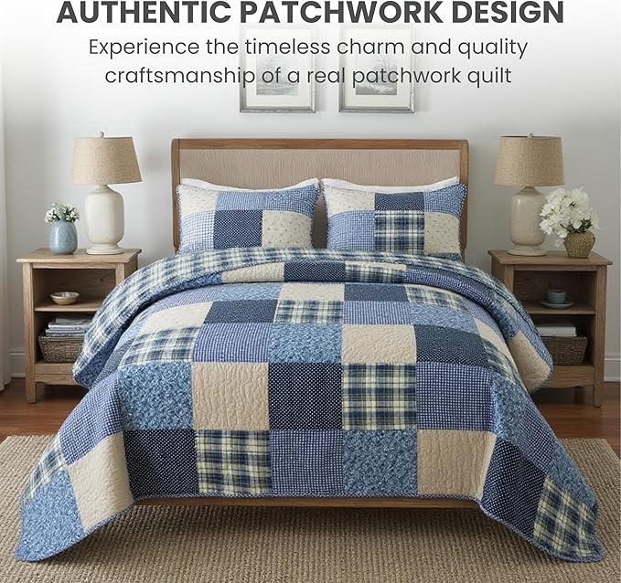 SLPR Blue Symphony Cotton Pieced Quilt Set - Queen with 2 Shams, Farmhouse Patchwork Quilted Bedspread with Check and Plaid Pattern, Lightweight and Cozy Country Checkered Bedding