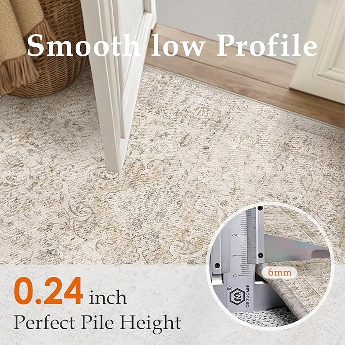 3x5 Washable Beige Area Rug Vintage Entryway Office Carpet Non-Slip Soft Low Pile Distressed Throw Rug for Entrance Living Room Bathroom Dining Room