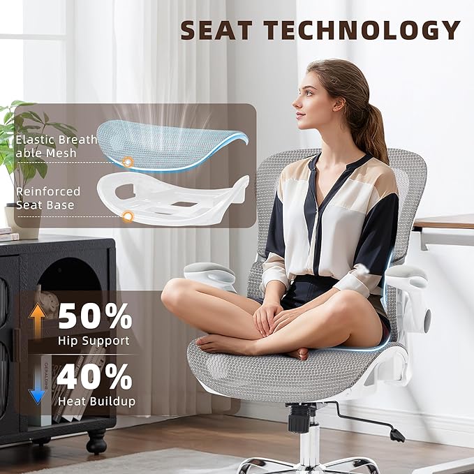 Office Chair, Ergonomic Desk Chair with Adjustable High Back 2D Lumbar Support Flip-up Armrests, Executive Breathable Mesh Comfy Swivel Rolling Computer Task Chair for Home Office Study Work Gaming