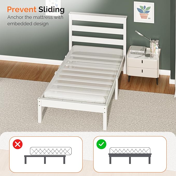 VINGLI Solid Wood Twin Bed Frame with LED Lights & USB Charging, Platform Bed with Storage Headboard Shelf, No Box Spring Needed, Noise-Free, Easy Assembly,White