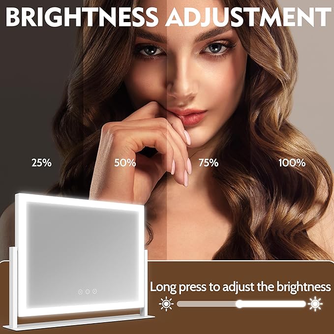 ROLOVE Lighted Makeup Mirror 16.3"x12.6", Hollywood Vanity Mirror with 10X Magnifier, 3 Color LED Lighting Modes, Smart Touch Control & 360° Rotation, Tabletop Makeup Mirror (White, Gift Ready)