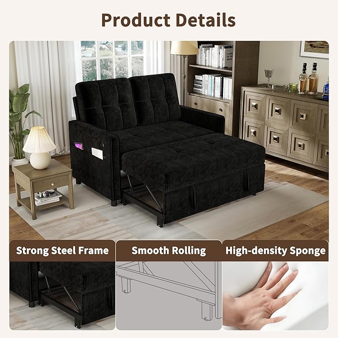 3 in 1 Convertible Sleeper Sofa Bed, Pull Out Couch with Charging Station, Corduroy Small Loveseat Sleeper Sofa with Adjustable Backrest for Apartment, Bedroom, Small Space（Black）