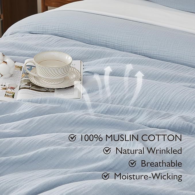 EMME Muslin Cotton Duvet Cover Set Blue Queen Size Linen Like Soft Breathable Lightweight Summer Comforter Cover Set with Zipper Closure (Blue, Queen, 90"x90")