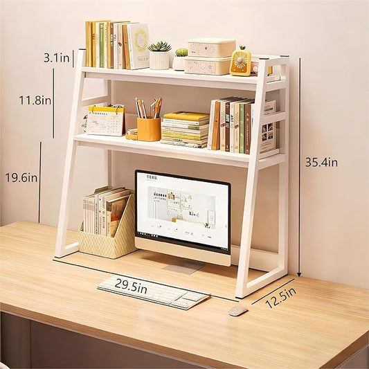 2-Tier Desktop Bookshelf, Wood Hutch Shelf Organizer, 29.9 x 12.6 x 35.4 inches, Study Room Storage Rack (White, 30 * 12 * 35in)