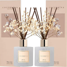 Cocorrína Reed Diffuser Set, 6.7 fl.oz Clean Linen 2 Packs Scented Diffuser with Sticks Home Fragrance Reed Diffuser for Bathroom Shelf Decor