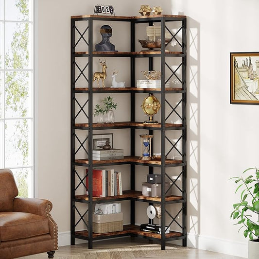 Tribesigns 7-Tier Corner Bookcase, Industrial Large Corner Bookshelf, 7-Shelf Tall Shelf Storage Display Rack with Metal Frame for Living Room Home Office, Rustic Brown