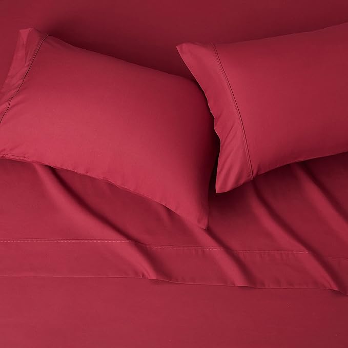 Amazon Basics Lightweight, Breathable Super Soft Easy Care Microfiber 4 Piece Bed Sheet Set with 14-Inch Deep Pockets, Full, Burgundy, Solid AmazonBasics
