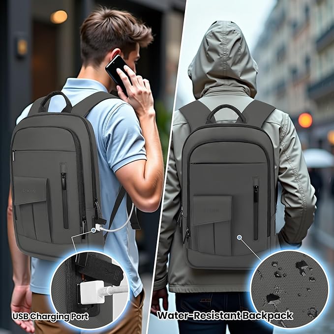 Business Backpack for Men Slim Lightweight Laptop Backpack Water Resistant Small Office Backpack for Commute Travel Daily Office Work with Small Bag (Grey)