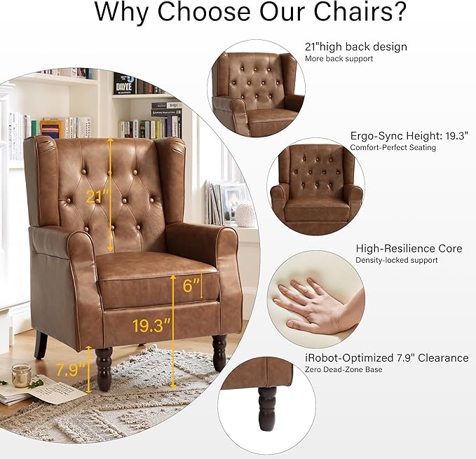 Lumibee High Back Accent Chairs Set of 2,Upholstered Faux Leather Wingback Armchairs with Solid Wood Legs for Small Spaces,Comfy Single Sofa Chairs for Living Room,Bedroom,Office-Brown