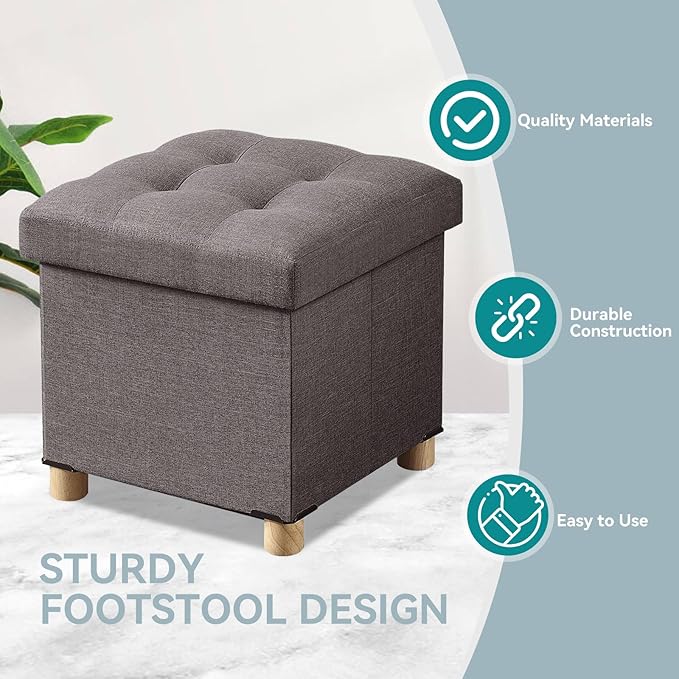 BRIAN & DANY Ottoman with Storage, Small Storage Ottoman for Dorm, Linen Folding Ottoman Foot Stool with Legs for Living Room and Bedroom, 15"x15"x15" - Brown