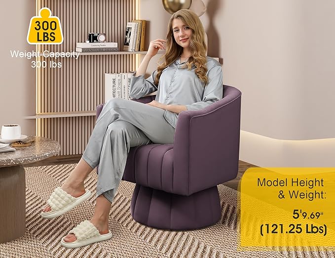 Accent Chair Mid Century 360 Degree Swivel Chair,Modern Lounge Sofa Round Barrel Chair with Wide Upholstered,Fluffy Velvet Fabric Chairs for Home Sofa Living Room/Bedroom/Waiting Room(Purple)