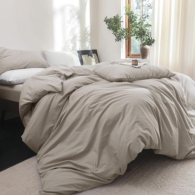 FOSSA Duvet Cover Set 100% Washed Cotton Linen Feel Super Soft Breathable Cozy 3 Pieces Bedding Sets Solid Cream Grey King