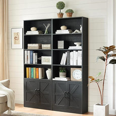 70in Tall Bookshelf 6 Tier Bookcase with Barn Doors and Adjustable Shelf, Black Farmhouse Book Shelves with Storage Cabinet,Wood Floor Standing Display Bookshelve for Bedroom,Living Room,Kitchen