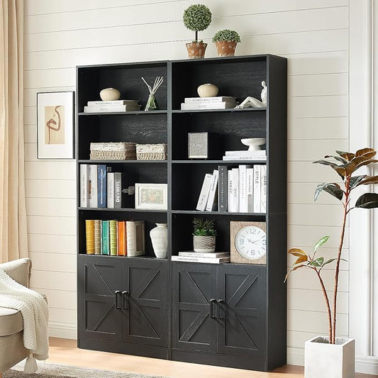 70in Tall Bookshelf 6 Tier Bookcase with Barn Doors and Adjustable Shelf, Black Farmhouse Book Shelves with Storage Cabinet,Wood Floor Standing Display Bookshelve for Bedroom,Living Room,Kitchen